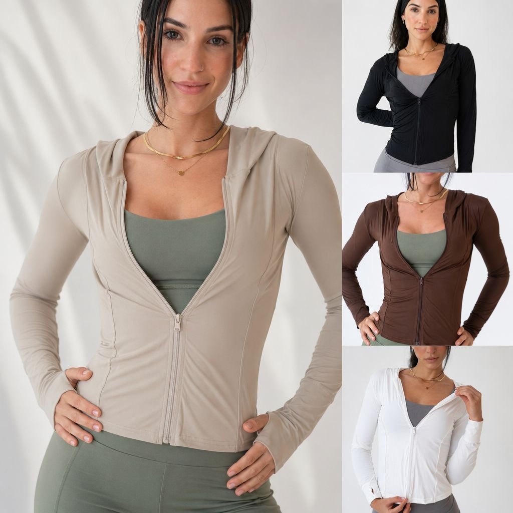 Casaco Casaquinho Jaqueta Blusa Fitness Feminino com Capuz e Zíper Modelador Dedinho Academia Confortável Yoga