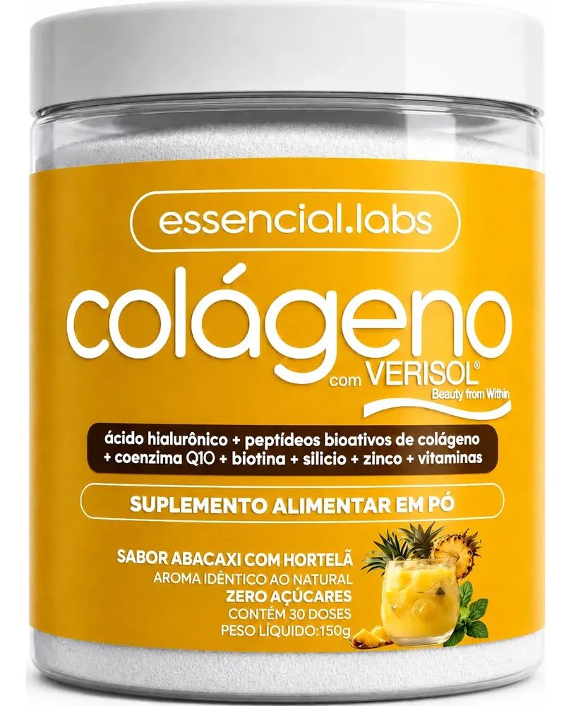 COLÁGENO VERISOL - Fórmula Exclusiva com Ácido Hialurônico + Coenzima Q10 + Biotina + Silício + Zinco + Peptídeos Bioativos + Vitaminas - Sabor Abacaxi com Hortelã - 30 doses