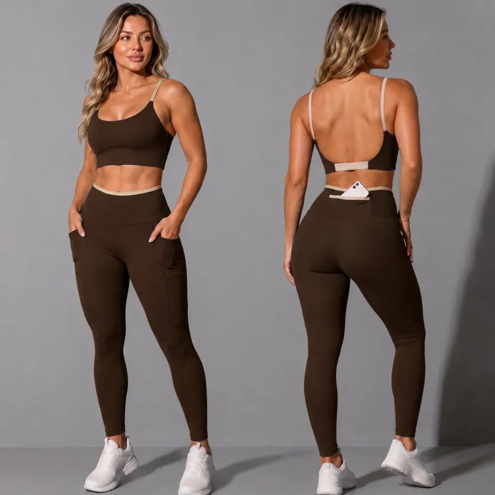 Conjunto Academia Top Calça Legging Fitness Roupa Kit Bolso Marrom/areia