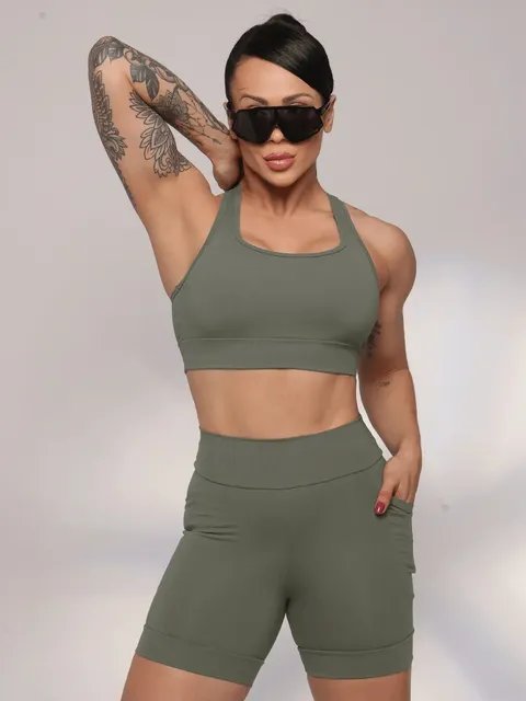 Conjunto Academia Top Shorts Meia Coxa Alta Compressão