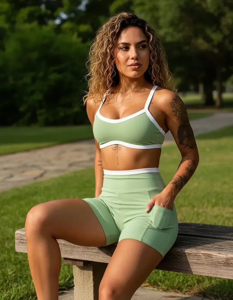 Conjunto Fitness Feminino Top Duplo Shorts Bolso Cós Alto