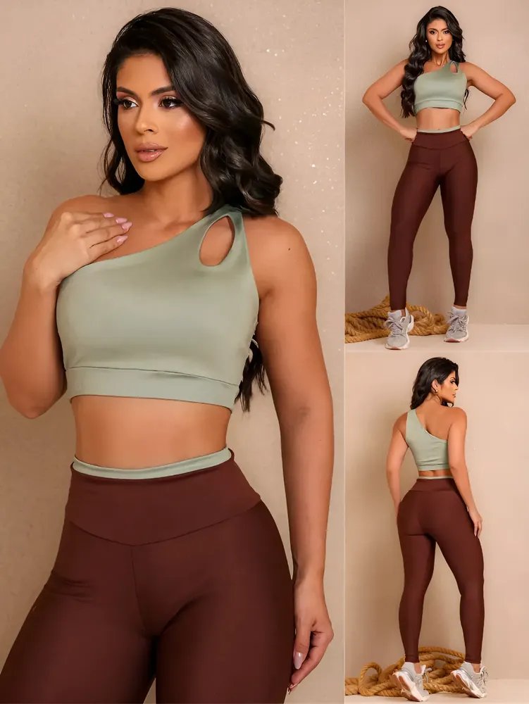 Conjunto Fitness Top Nula Manga E Calça Academia Bicolor  Marrom G (42)