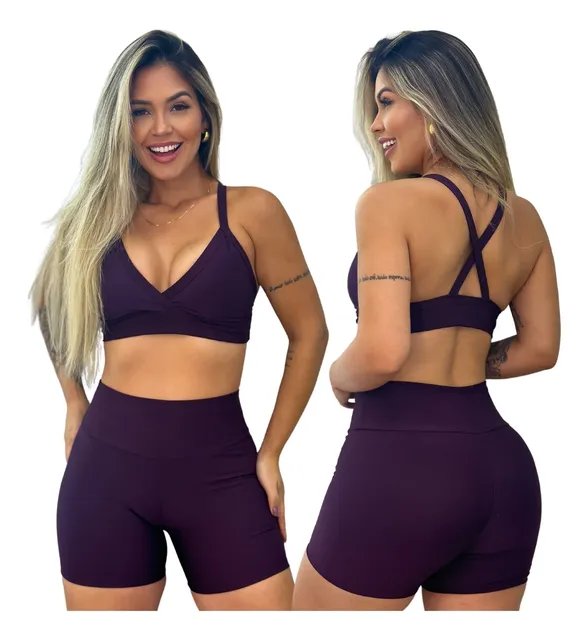 Conjunto Short E Top Academia Feminino Cós Alto Neutro