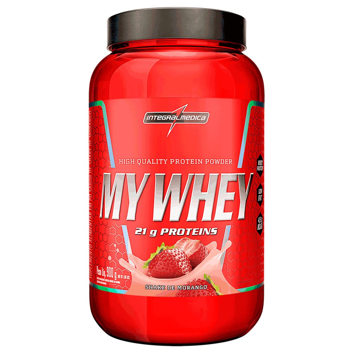 Integralmedica My Whey Proteína em Pó Sabor Morango - 21g de Proteína por Porção - Alta Concentração de BCAAs - Pote 900g