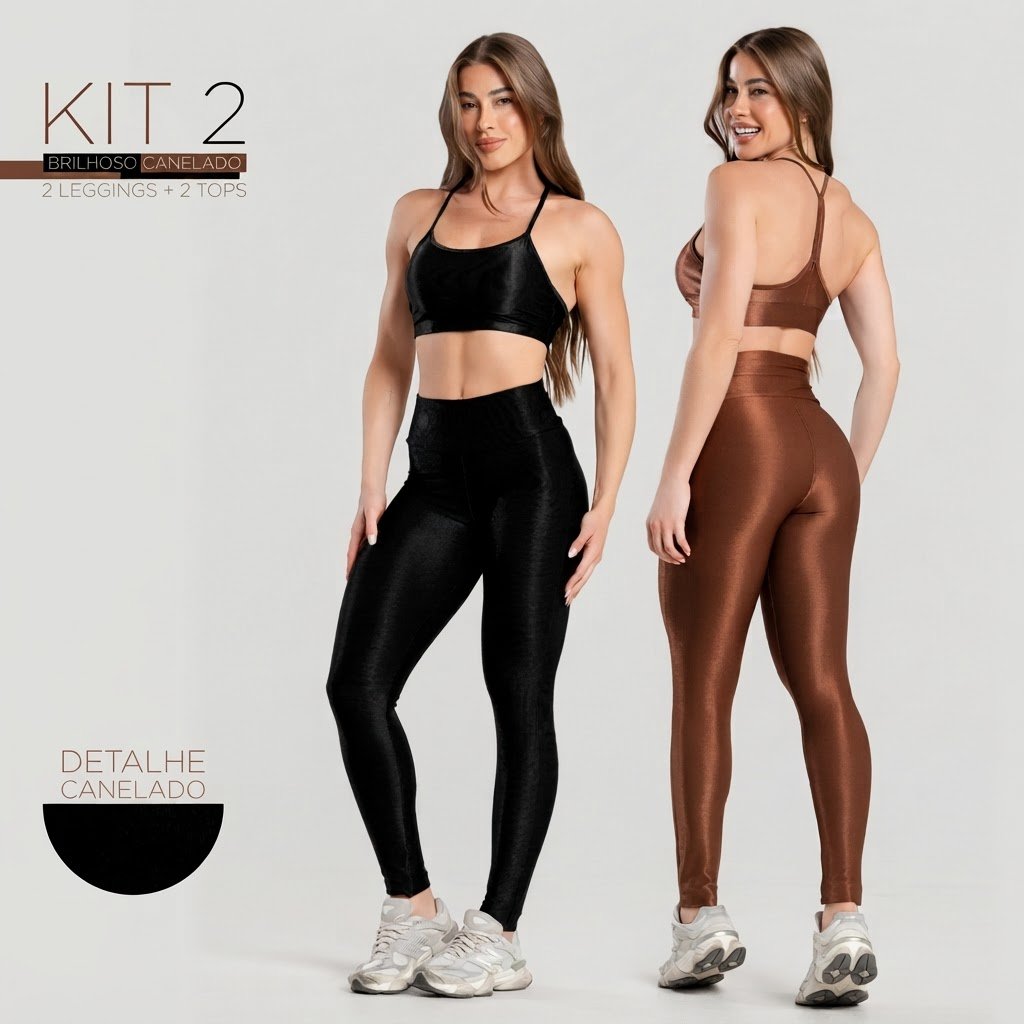 Kit 2 Conjuntos Fitness Feminino -Tops+Leggings Brilhosas Caneladas com Cós Alto, Fitness e Conforto