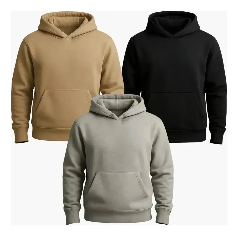 Kit 3 Moletom Canguru Liso Flanelado Blusa De Frio Unissex Kit Bege / Preto / Cinza