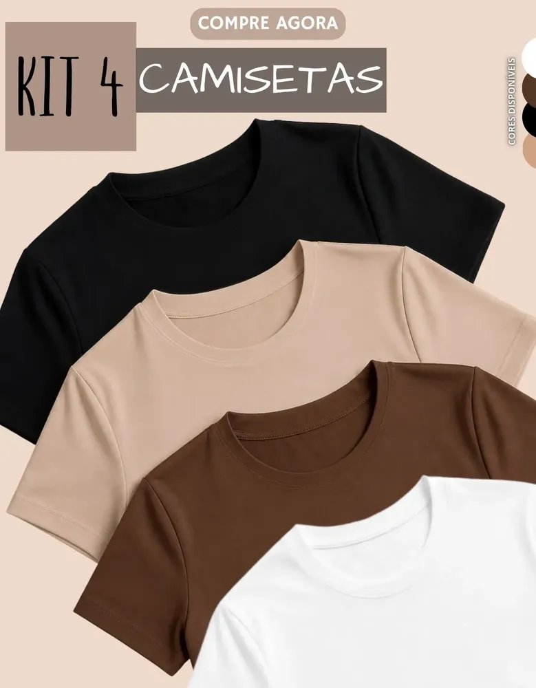 Kit 4 Blusas Feminina Suplex Estilosa T Shirt Básica Casual Preto + Branco + Marrom + Nude Liso P/m (36-38)