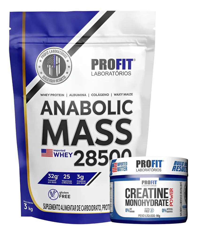 Kit Anabolic Mass 28500 C/ Whey Creatina Monohydrate Profit Baunilha 3kg | Creatina 90g