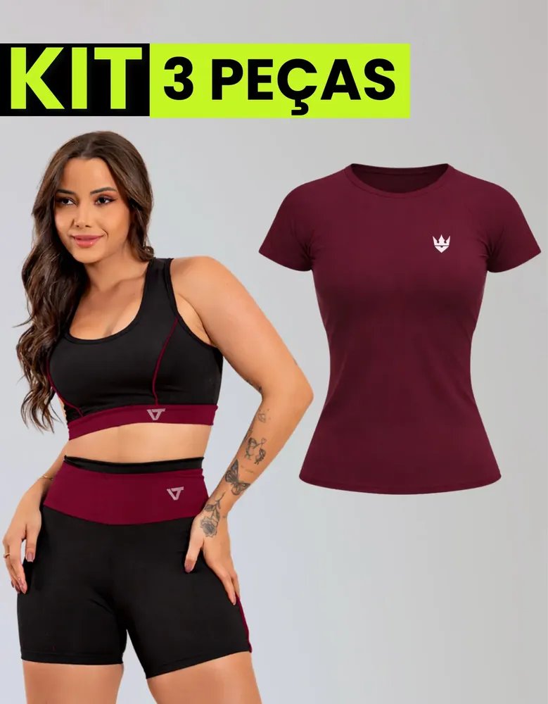 Kit Conjunto Fitness Feminino + Camiseta Roupa Academia Vermelho Liso G