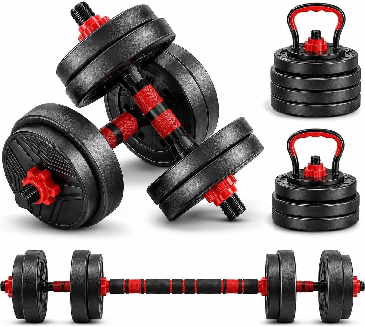 Kit Halteres Ajustável 6 em 1 15kg com Barra, Kettlebell e Suporte Flexões