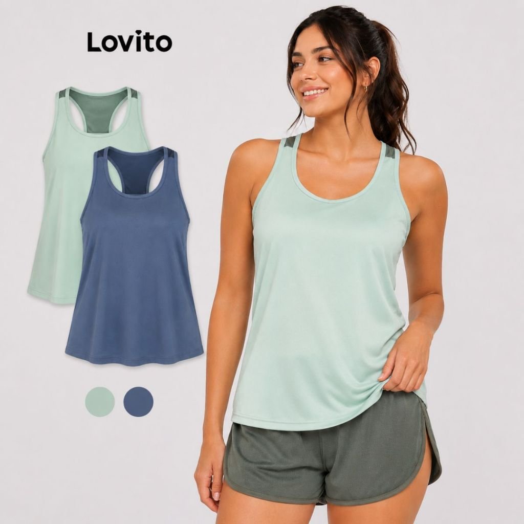 Lovito Kit 2 Regatas Esportivas Feminina com Decote Nadador Contrastante PKB1279BRL1309
