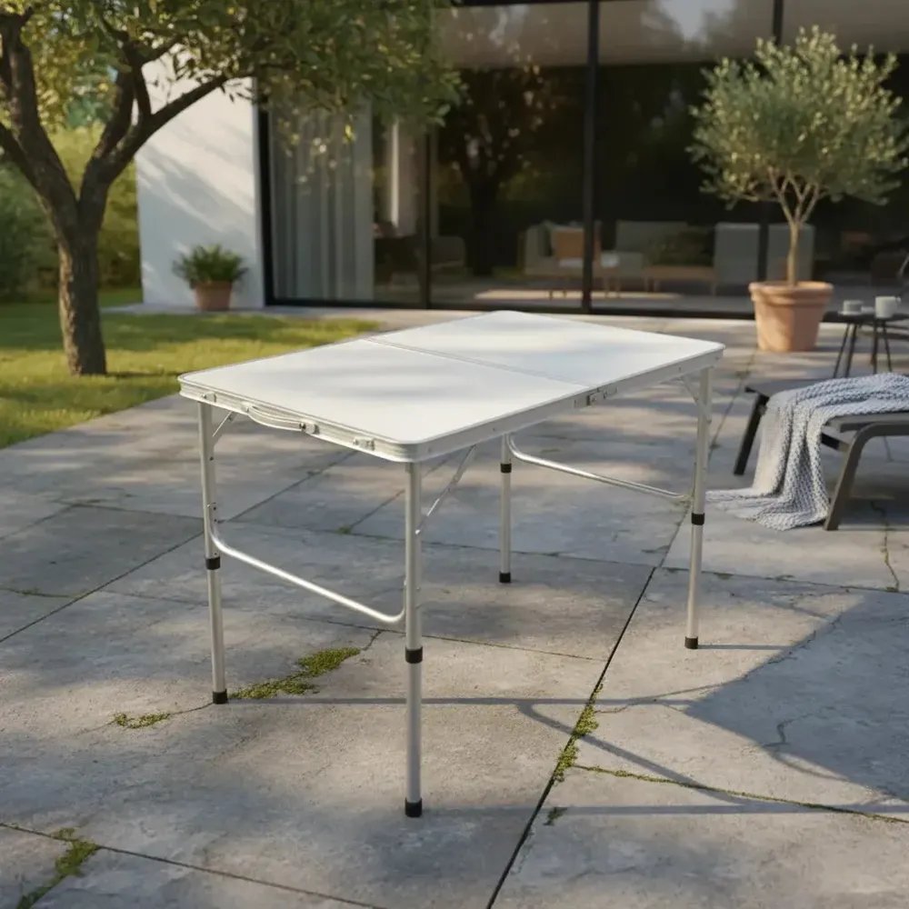 Mesa Dobrável Vira Maleta Alumínio Com Alça Portátil 90x60cm Para Camping Pesca Jardim Área Externa Ou Interna Salão De Festas Gourmet Cor Branco