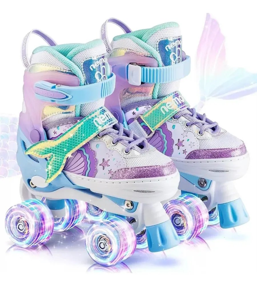 Patins Infantis Ajustável 4 Rodas LED Roxo Tamanho G 36-38 Artístico