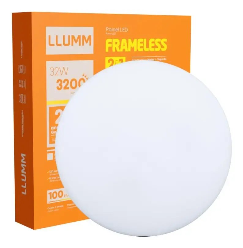 Plafon Painel LED 32W Borda Infinita Redondo Ø22cm Luminária Frameless 2 Em 1 Embutir Ou Sobrepor Llum 6500k