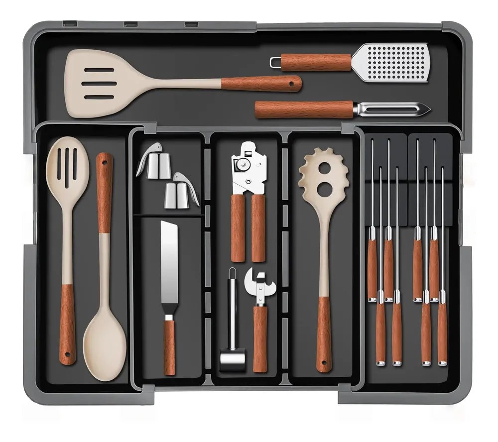 Porta Talher Organizador Gaveta Cozinha Divisória Ajustável Preto