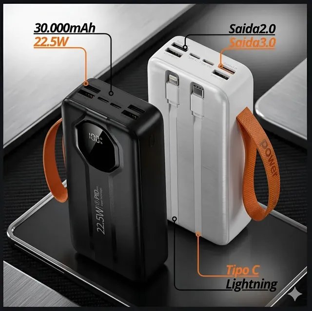 Power Bank Portatil 30000 22.5w Digital Cabos Ios Android