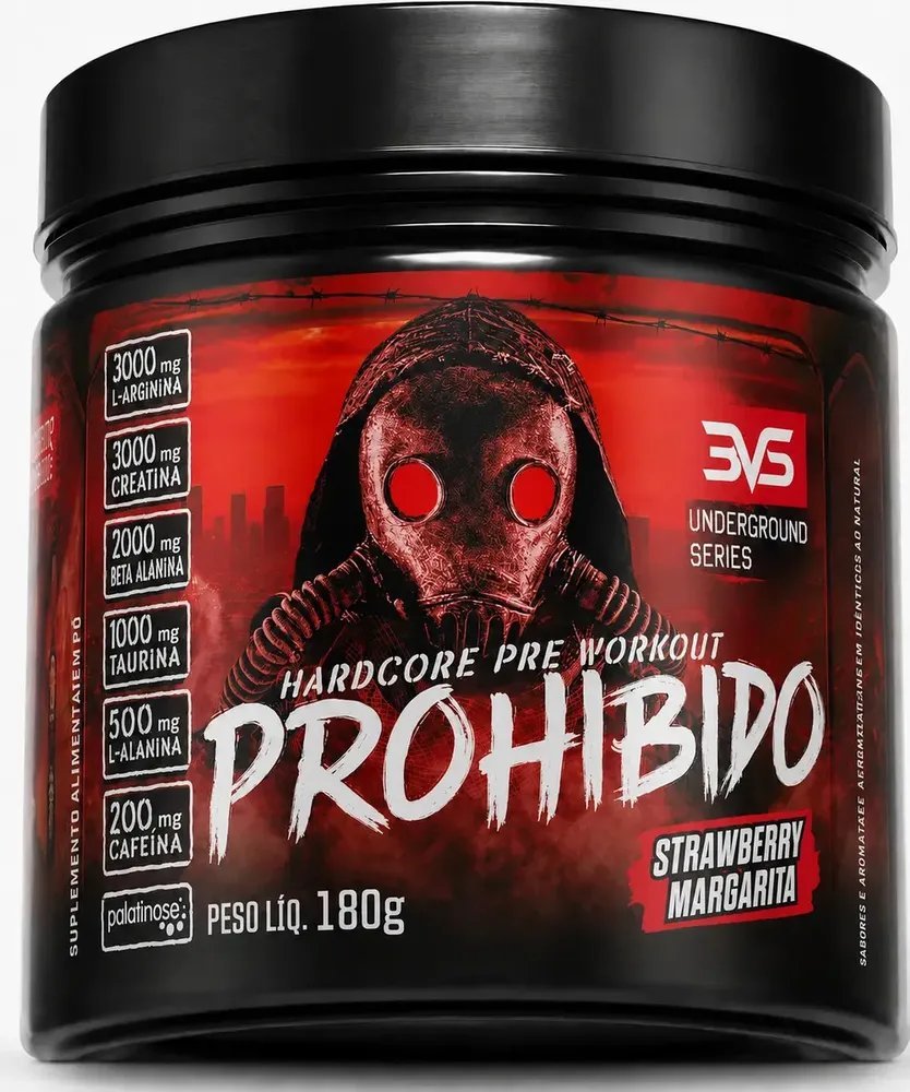 PRÉ TREINO PROHIBIDO 180g Sabor Strawberry Margarita (Morango) - Fórmula Avançada contendo Creatina, Beta Alanina, Taurina, L-tirosina, L-alanina, Cafeína, Arginina e Palatinose - Extra Forte