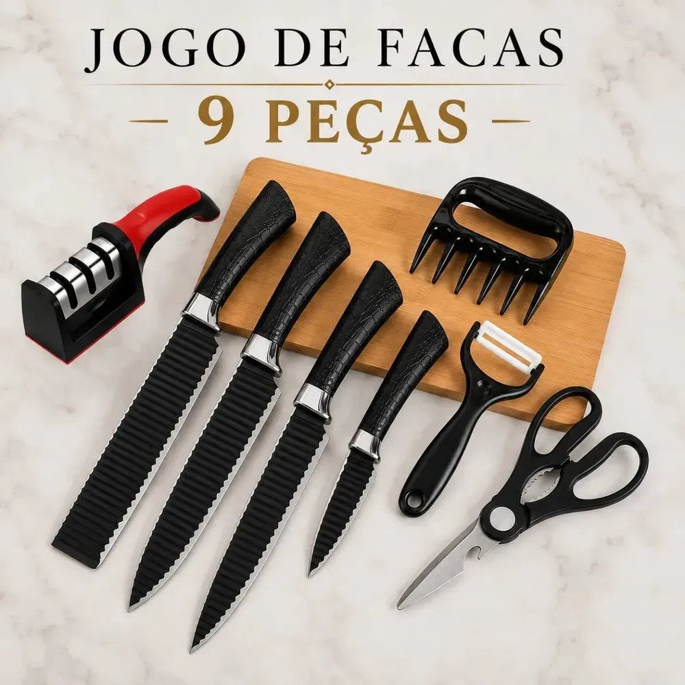 Kit Jogo De Facas Inox Conjunto 9 Peças Cozinha Churrasco Tesoura Descascador Tabua Brinde Aquattro