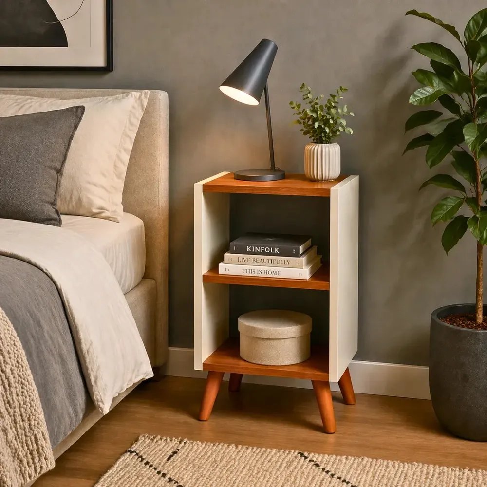 Mesa De Cabeceira Charmosa Nicho Aberto Multiuso Mesinha Lateral Decoração Para Cama Casal Quarto Com Pés Palito Em Estilo Retrô Roma