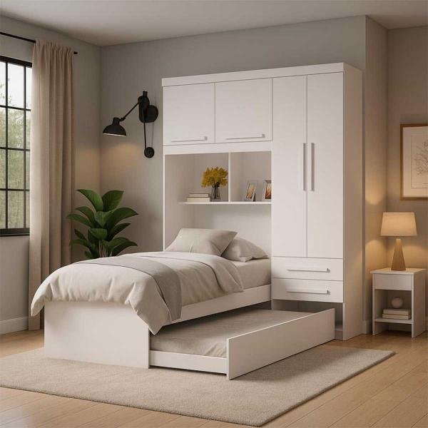 Guarda Roupa De Solteiro Escócia 4 Portas com cama auxiliar 100 MDF Linhamobília Acp Móveis