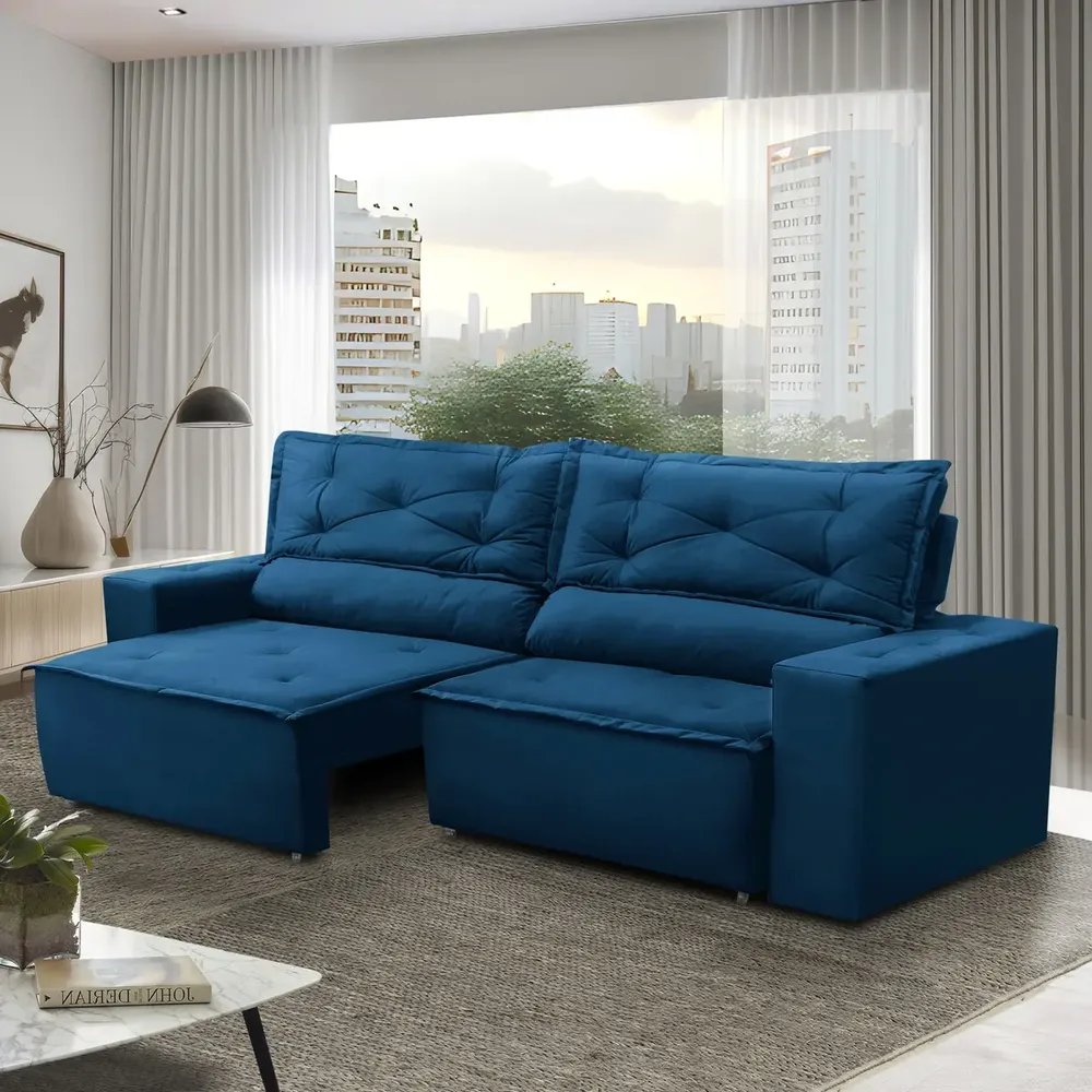 Sofá Retrátil e Reclinável 3 Lugares com Molas 1,80m Livia Suede Azul Adonai Estofados