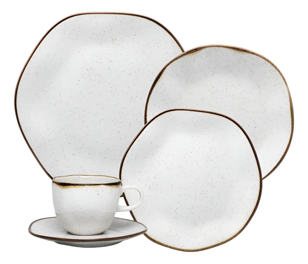 Aparelho De Jantar 30 Peças Ryo Maresia Oxford Porcelana Off White e Marrom