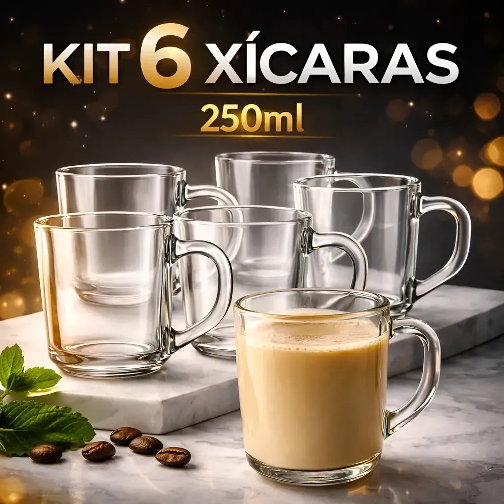 Jogo De 6 Xicara De Café Chá 250 Ml Praticasa Caneca Vidro Transparente