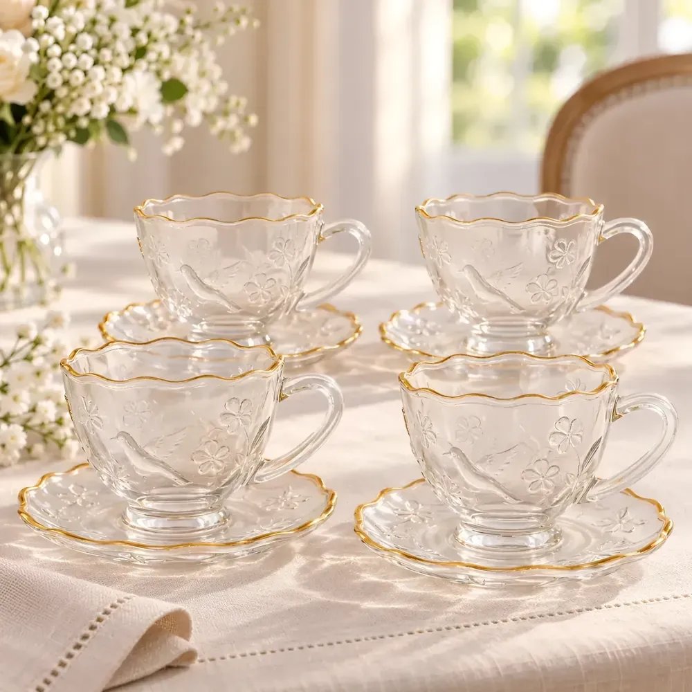 Jogo 04 Xícaras Borda Dourada Vidro 220ml Com Pires Café Chá Borda Dourada Premium Poesia