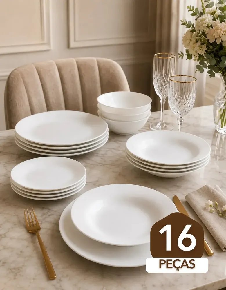 Aparelho De Jantar Kit Com 16 Peças em Vidro Branco Jogo Pratos Raso Fundo E Bowl Opalino Mesa Resistente Luxo