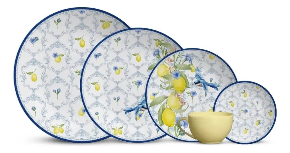 Jogo de Jantar Alleanza Cerâmica Sicília 20 Peças Branco, com Detalhes Floridos e Azul