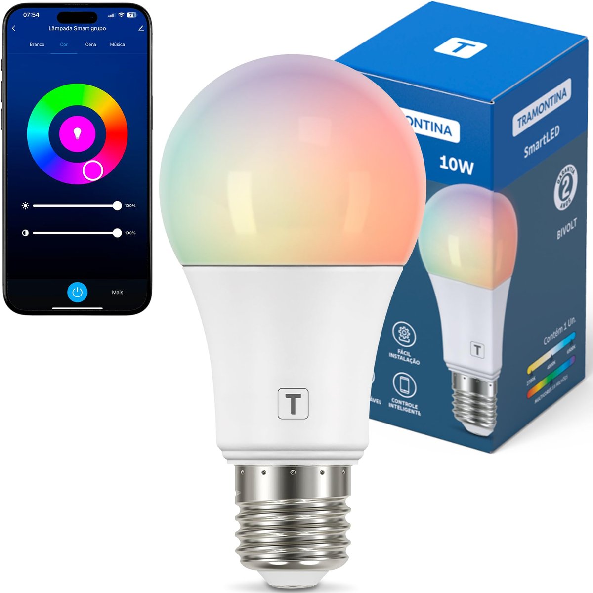 Tramontina Lâmpada Smart​ LED Inteligente E27​ 10W Wi-Fi + Bluetooth​ 16 Milhões de Cores - Compatível com Alexa e Google Assistente