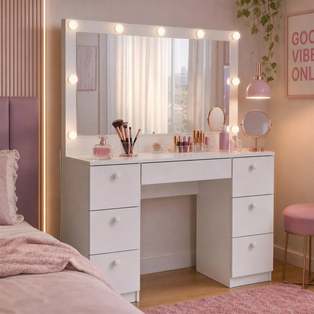 Penteadeira Luna Com Kit Luz Espelho Camarim 7 Gavetas Branco