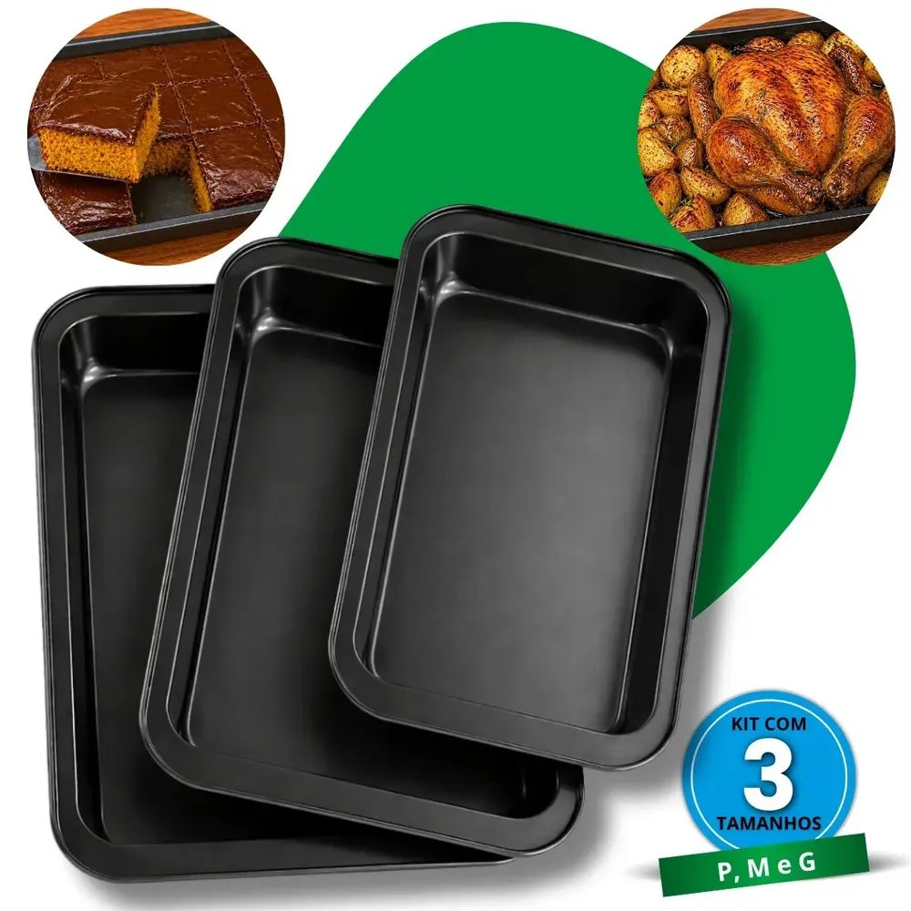 Kit Com 3 Formas Assadeiras Antiaderente Teflon 3 Tamanhos Pmg 42cm37cm32cm Retangular Carnes Frangos Tortas Bolos Green Clean