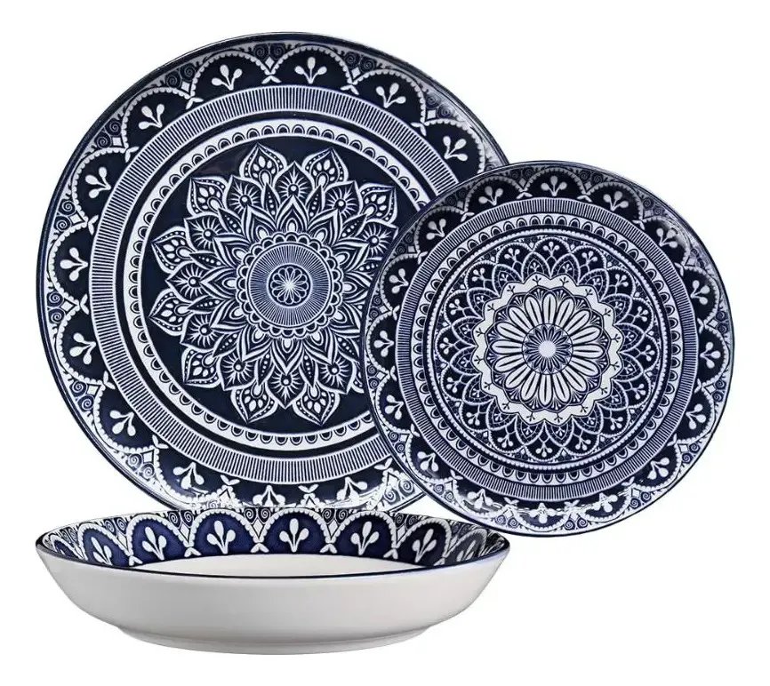 Aparelho De Jantar 18 Peças Flat Málaga Azul Cerâmica Oxford