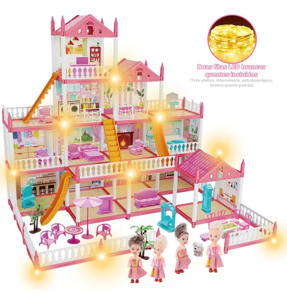 Casinha De Boneca Castelo Da Princesa 283 Pcs Rosa Com Quatro Bonecas