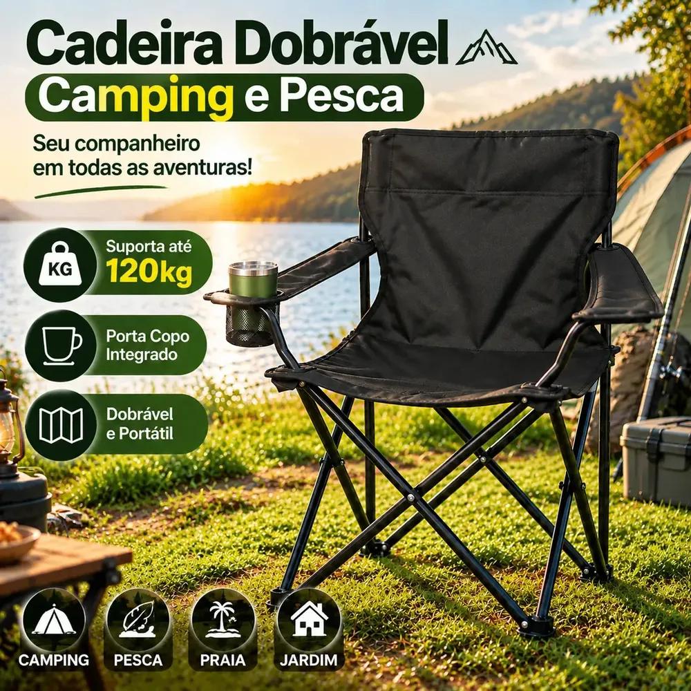 Cadeira Dobrável Camping Pesca com Porta Copo Bolsa Portátil Resistente até 120kg para Praia Jardim e Lazer