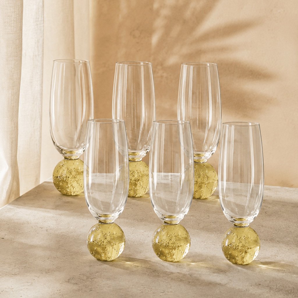 Jogo 6 Tacas Champanhe Espumante Cristal Bubble 200ml Haste Esfera Colorida Amarelo Pastel Luxo Copos Bola
