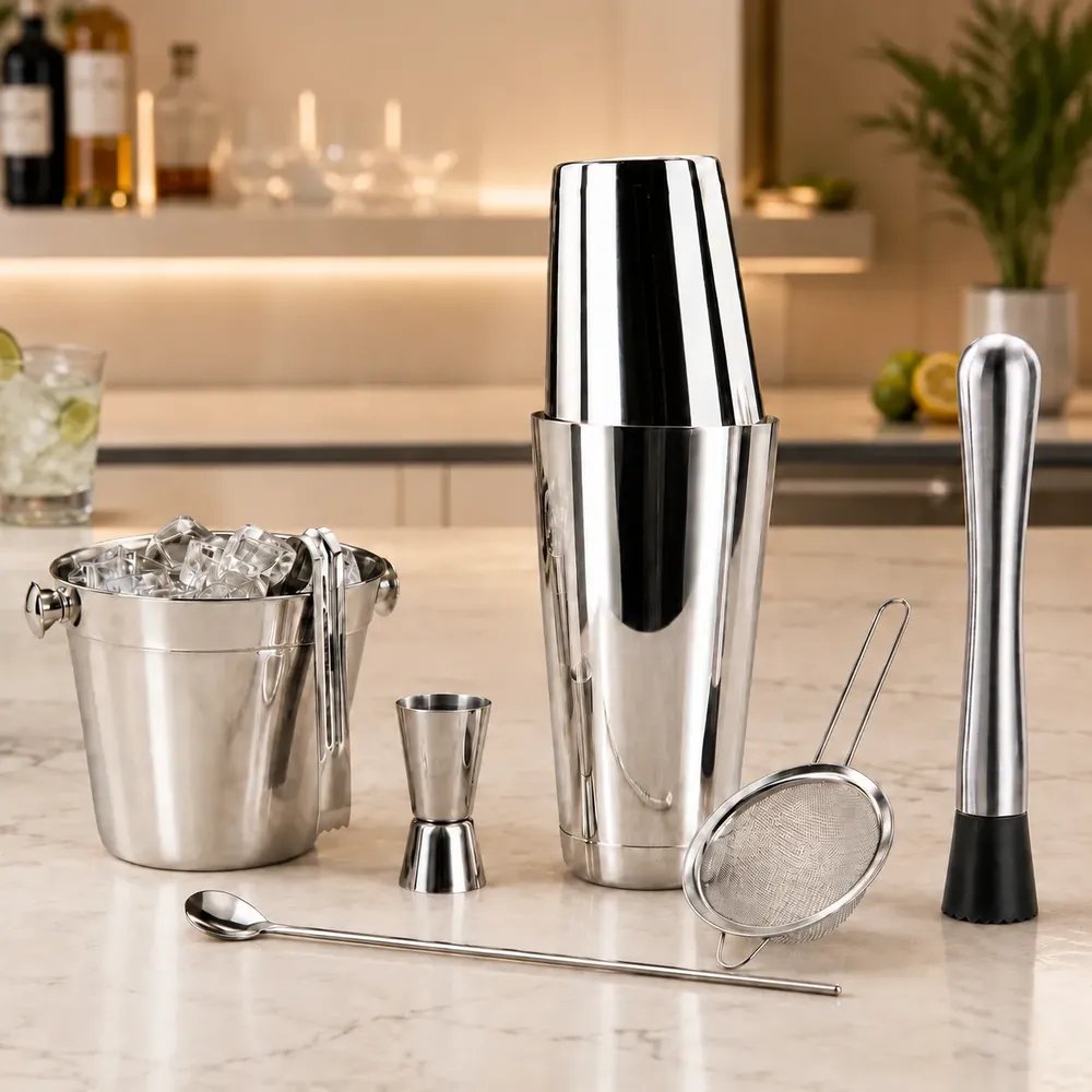 Kit Caipirinha Profissional 7 Peças Inox Coqueteleira Boston