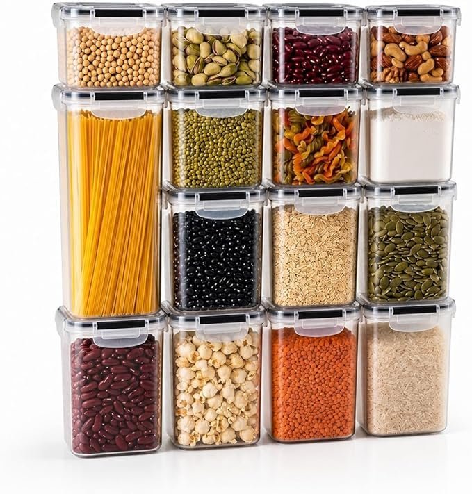Kit 15 Potes Herméticos para Mantimentos — Organizadores de Cozinha Empilháveis, Livre de BPA, Tampa com Trava Lateral e Vedação em Silicone, 4 Tamanhos (0,8L a 2,8L) + Etiquetas e Caneta