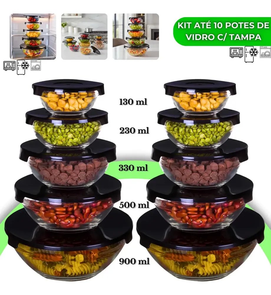 Kit 10 Potes De Vidro Hermético Com Tampa Tigela Redondo Freezer Micro-ondas Marmita Ideal para Alimentos e Refeições VYROX