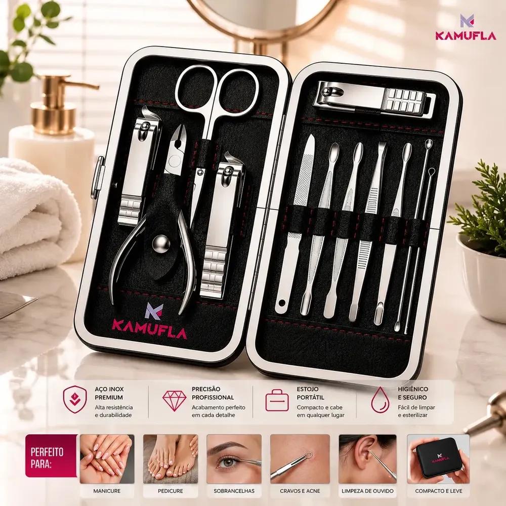 Kit Cortador De Unha Portátil Estojo Alicate Manicure 12 Pç - Kamufla - Desencravador De Unha Manicure Alicate Lixa Profissional Tesoura Empurrador De Cutículas Pinça Portátil Dobrável