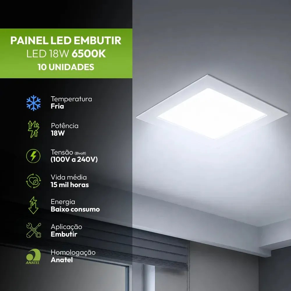 Kit 10 Painel led Plafon Embutir 18w 6500k Branco Frio 12cm 110v/220v Bivolt Quadrado Branco Cod:399211371 Easy By Avant