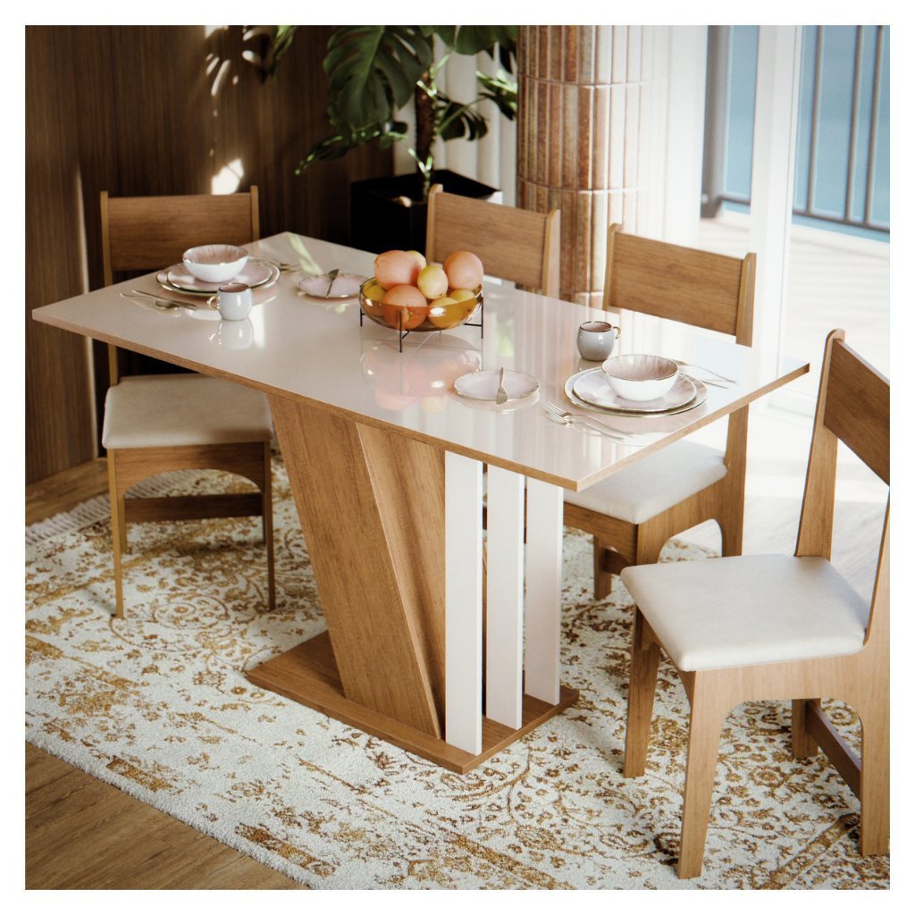 Conjunto Sala De Jantar Grande 4 Lugares Com Cadeiras Estofadas Reforçadas Mesa Completa Tampo Semelhante Vidro Emilly