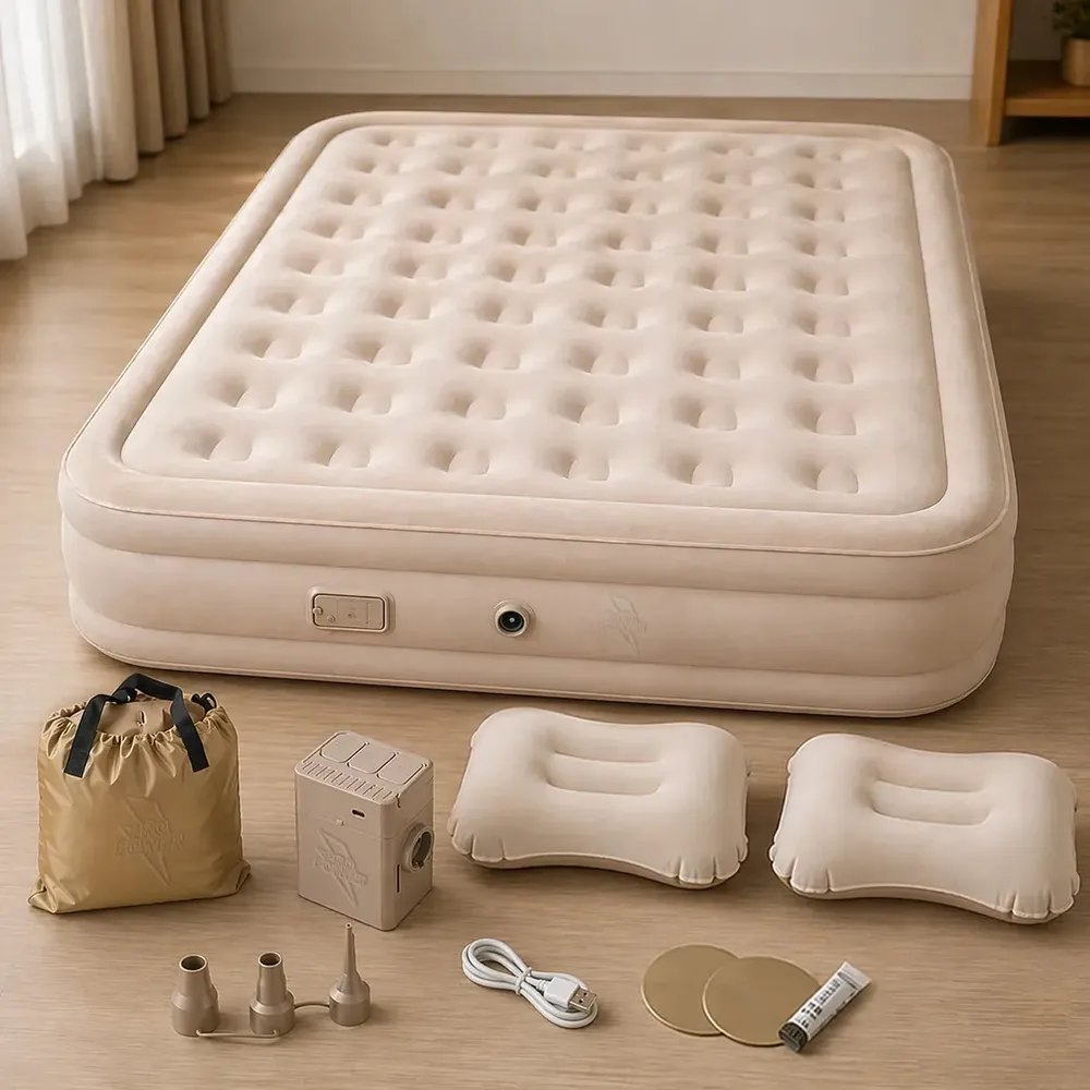 Colchão Inflável Queen 200x154x43cm Bomba Bateria Lítio Recarregável Sem Fio Portátil Suporta 300kg Bolsa Travesseiros Camping Visitas