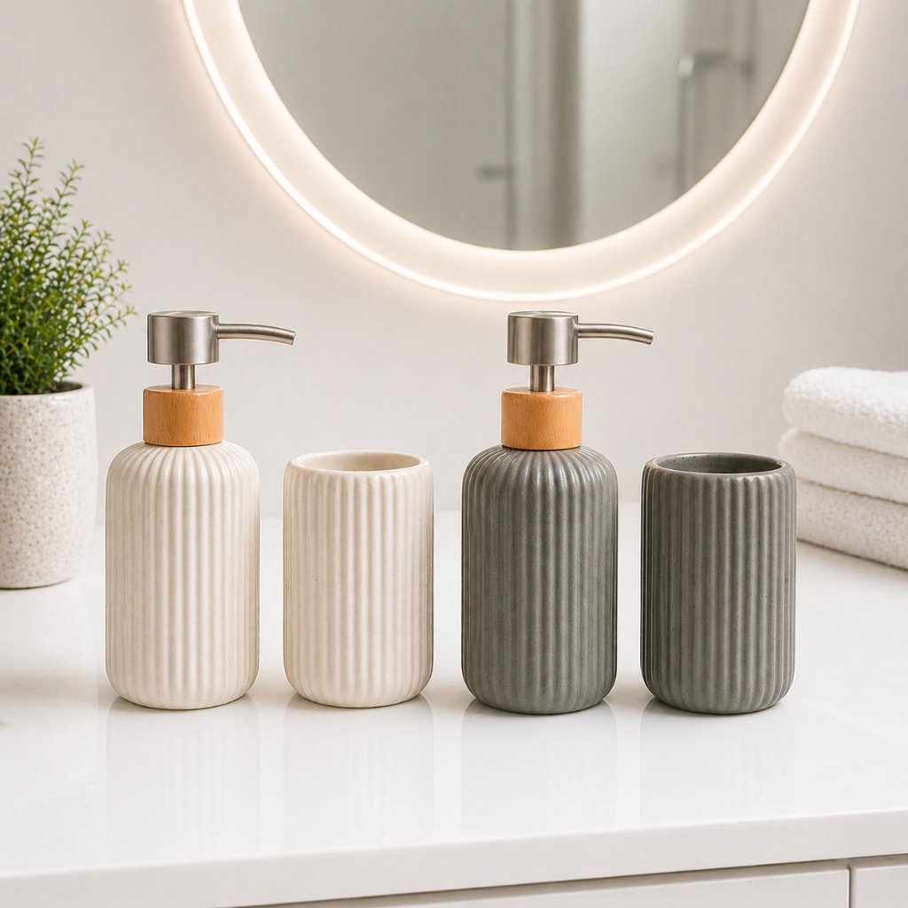 Kit Banheiro Lavabo Porta Sabonete Liquido Dispenser Porta Escova de Dente Cerâmica Luxo
