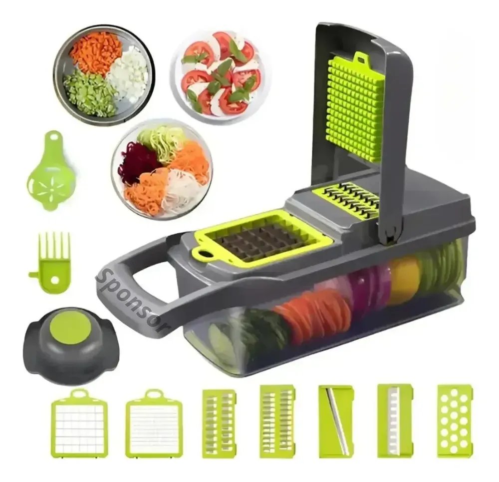 Cortador Fatiador Ralador De Legumes Frutas E Alimentos Inox Verde E Cinza
