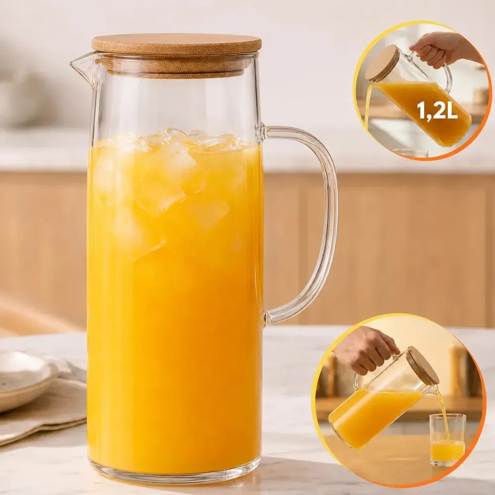 Jarra Vidro Borossilicato 1,2 Litros Tampa Bambu Hermética Agua Suco Transparente Sólar