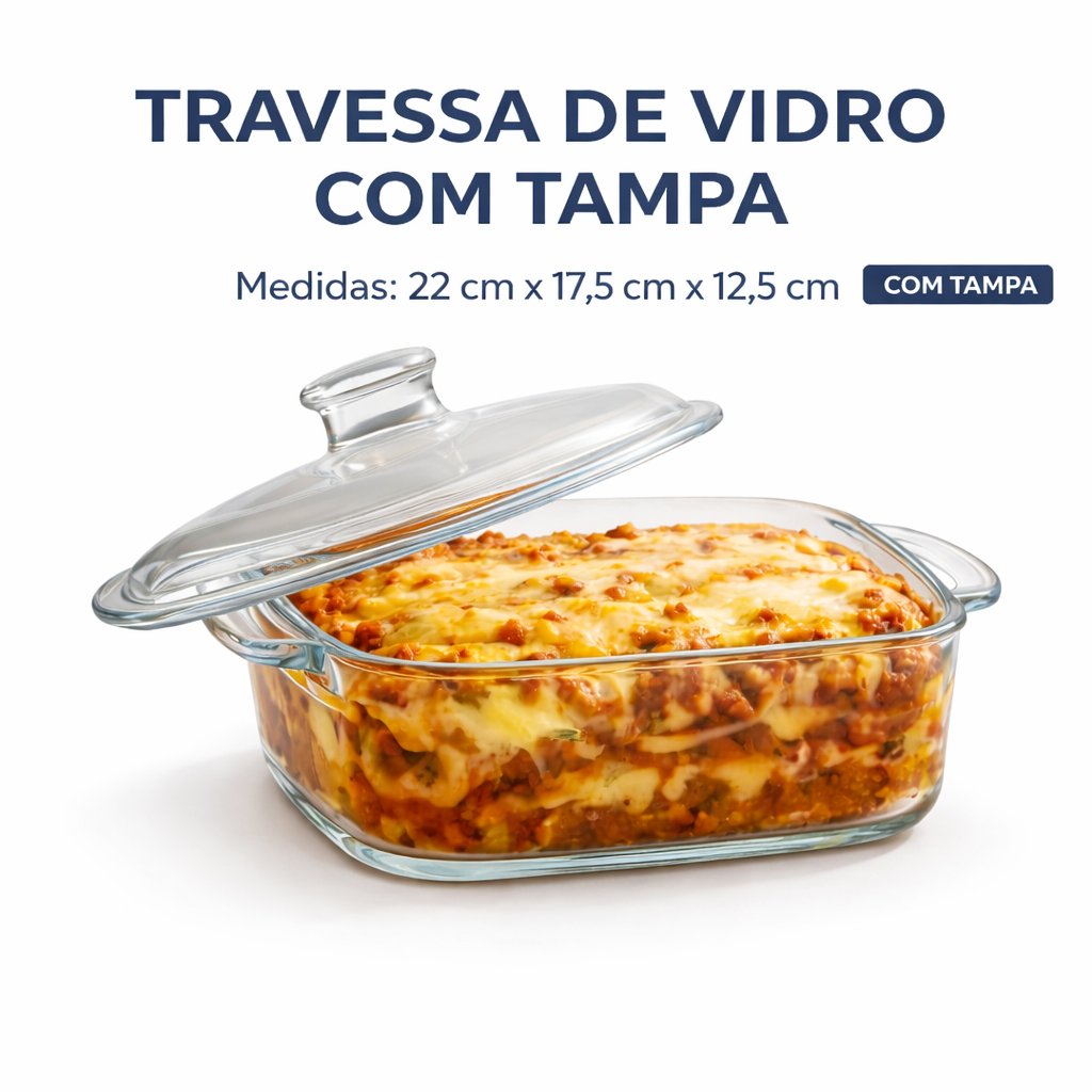 Travessa Refratário de  Vidro Com Tampa 1,5L|850ml  -  Armazenar, Servir Com  Alça Retangular