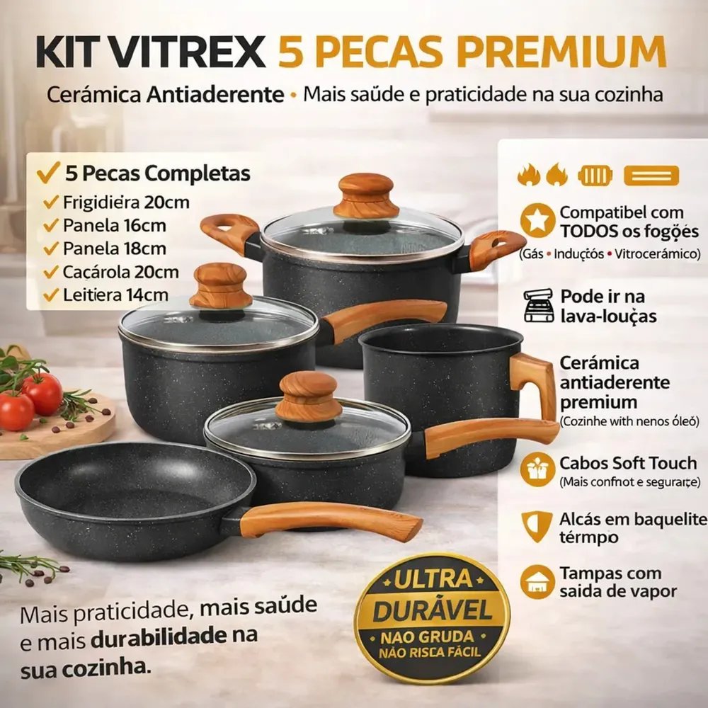 Jogo De Panelas Cerâmico Triplo Indução Vitrex Ecoglid 5 Peças
