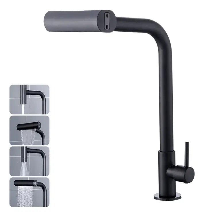 Torneira Cozinha Bancada Inox 304 Água Fria Bica Alta Gourmet 4 Modos De Água Estilo Cascata Torneira Pia Cozinha Moderna Flexível Cor Preto Premium Para Cuba Gourmet